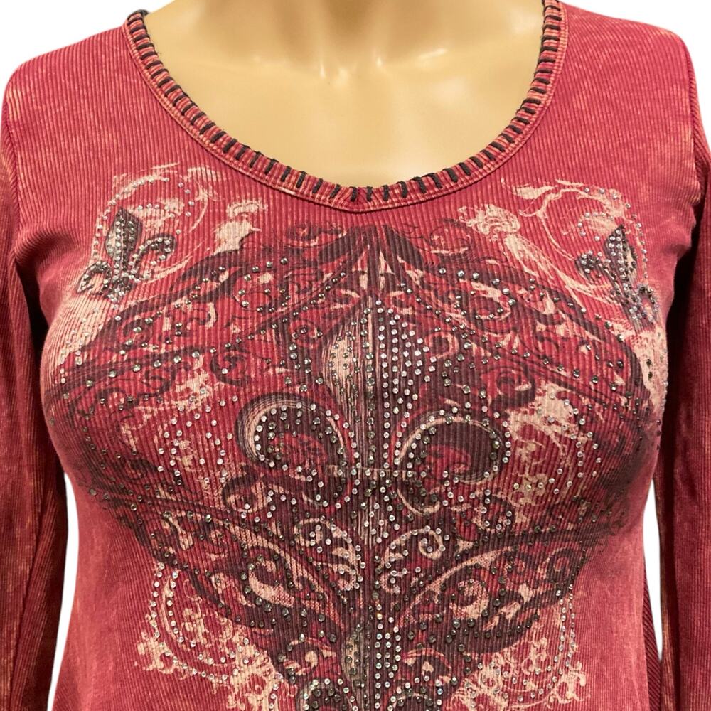 Vocal Maroon Rhinestone Ribbed Tunic Sz Small - Picture 6 of 16